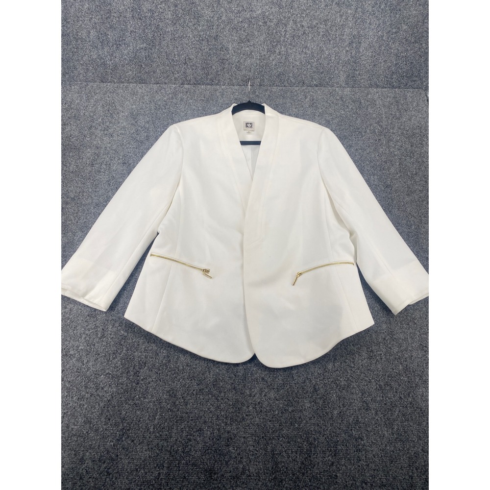 Anne Klein Blazer Women XL White Gold Zip Pocket Open Front Collarless Jacket